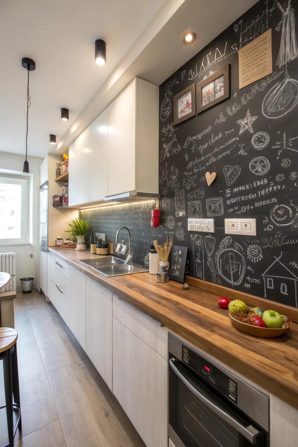 Blackboard paint gives your kitchen backsplash a personal touch.