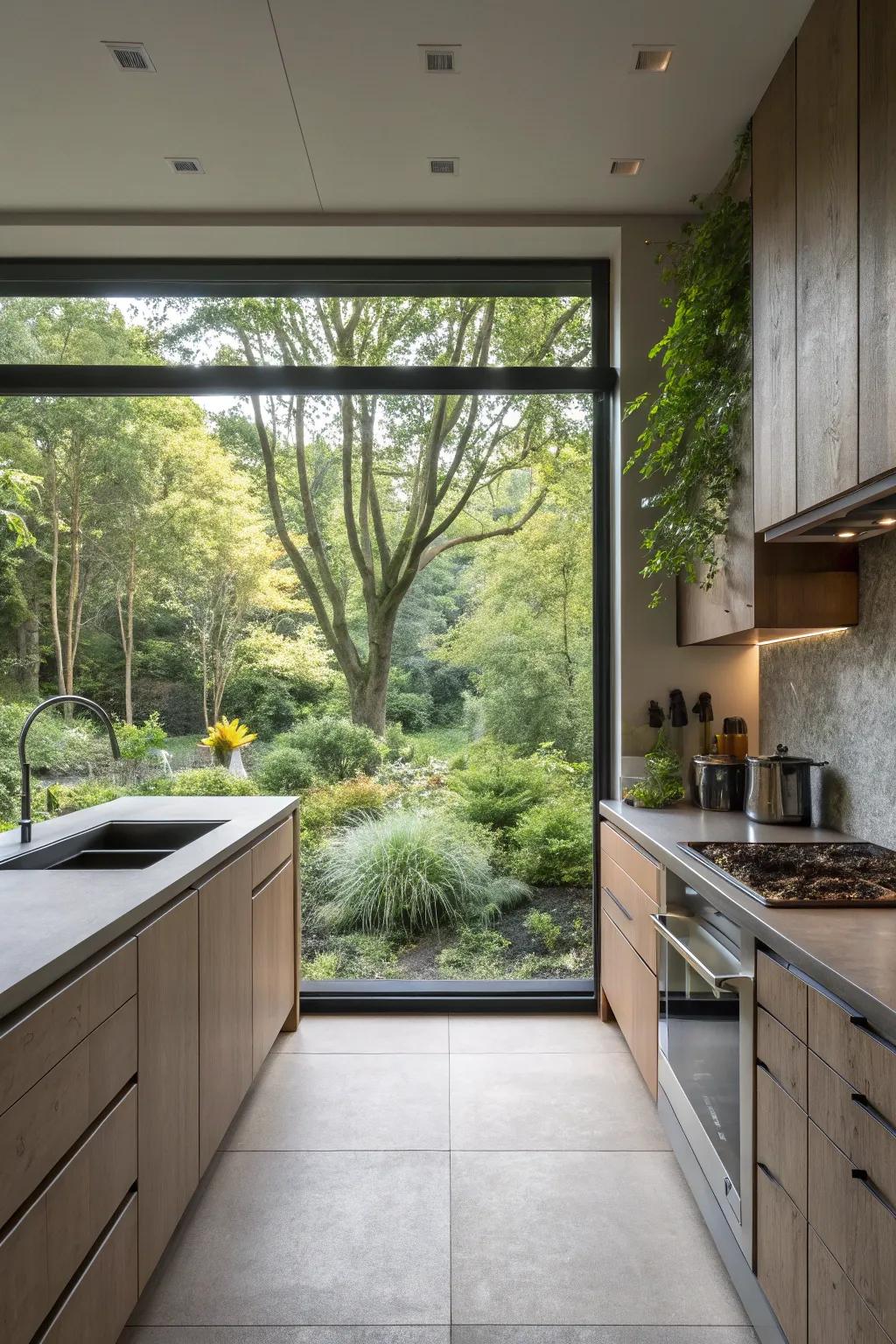 An expansive window backsplash easily incorporates the charm of the external world into the kitchen.