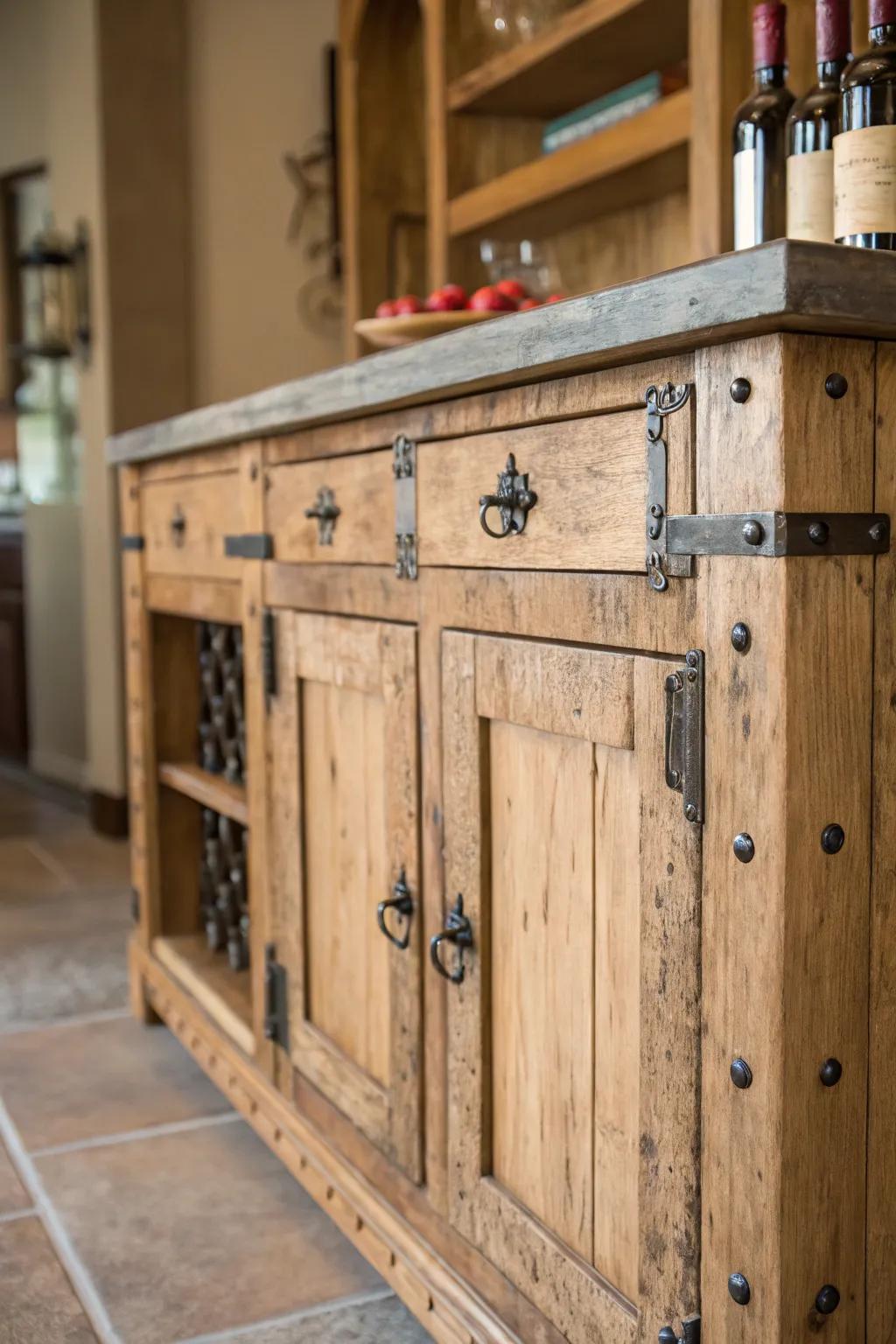 A rustic bar cabinet that adds a touch of warmth to the kitchen.