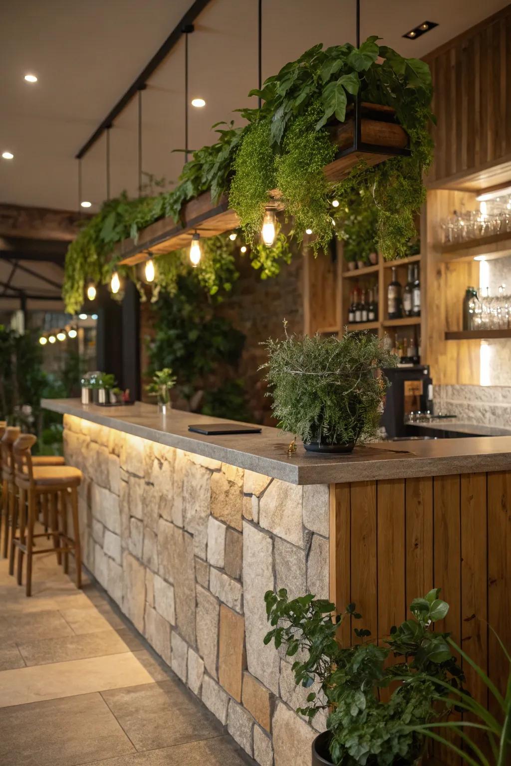 A cozy and classy kitchen bar featuring wood and stone.
