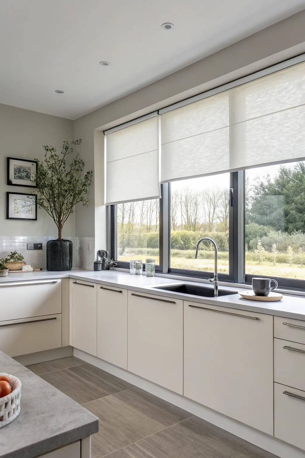 Minimalist kitchen showcasing streamlined roller blinds
