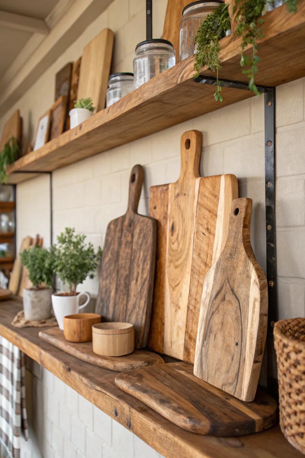 Country-style blocks showcasing natural textures breathe rural allure into the culinary space.