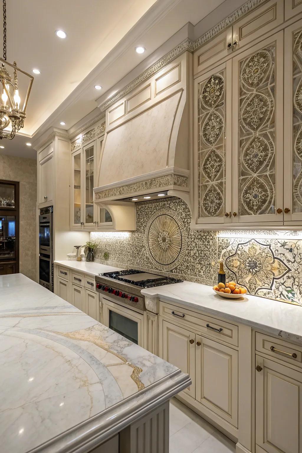 Elegant kitchen featuring marble and artistic mosaic beauty.