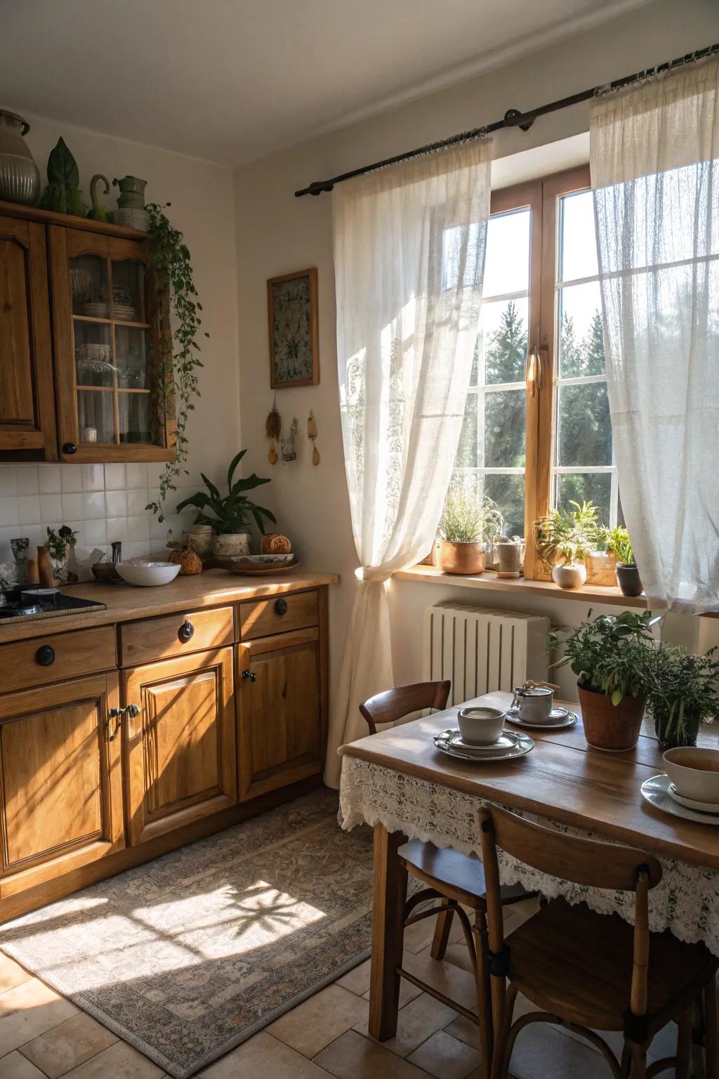 Bistro-style window treatments contribute country warmth while maximizing natural light.