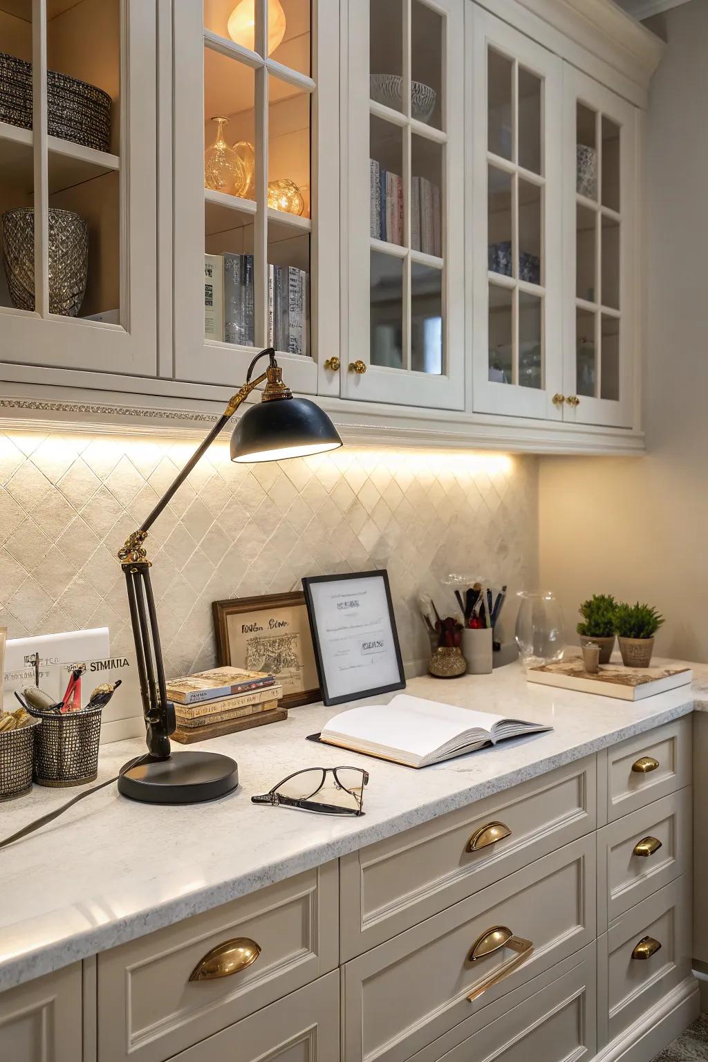 A well-lit kitchen desk featuring under-cabinet lighting and a sophisticated desk lamp.