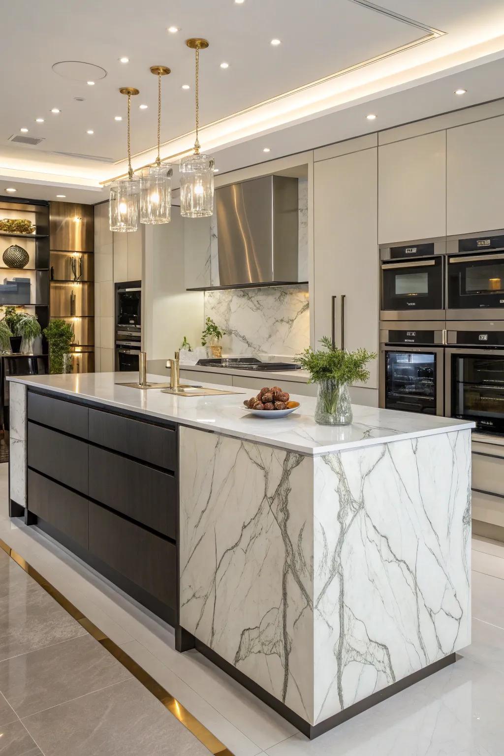 A marble rear surface elevates this kitchen island, delivering a cultured and ageless appeal.