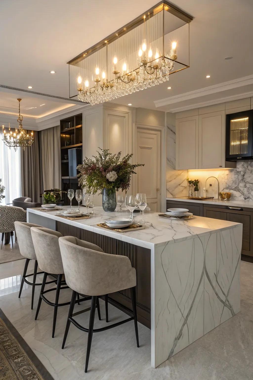 A polished marble island turns into a grand meal table.