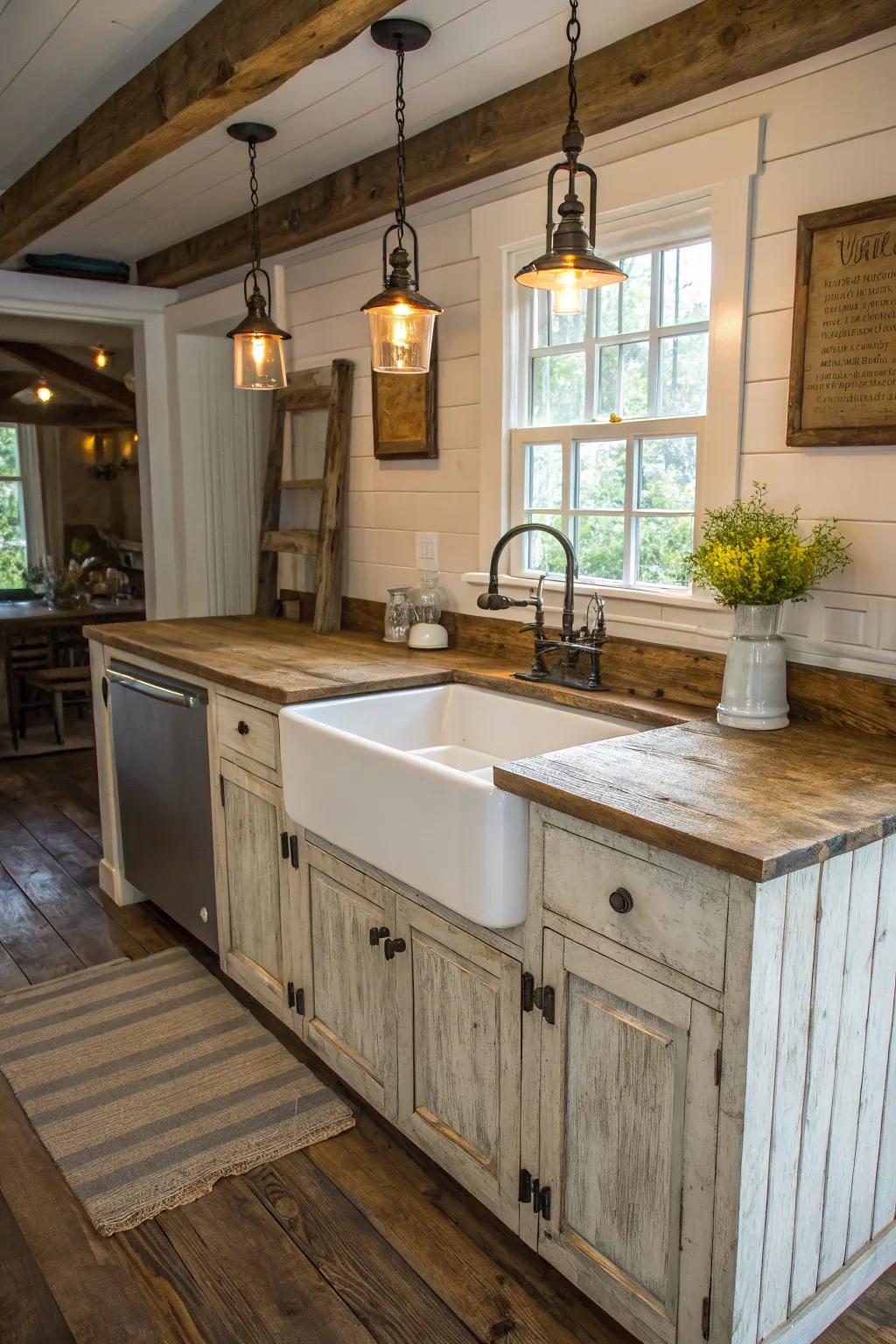 A charming rustic farmhouse kitchen island with a captivating apron-front basin.