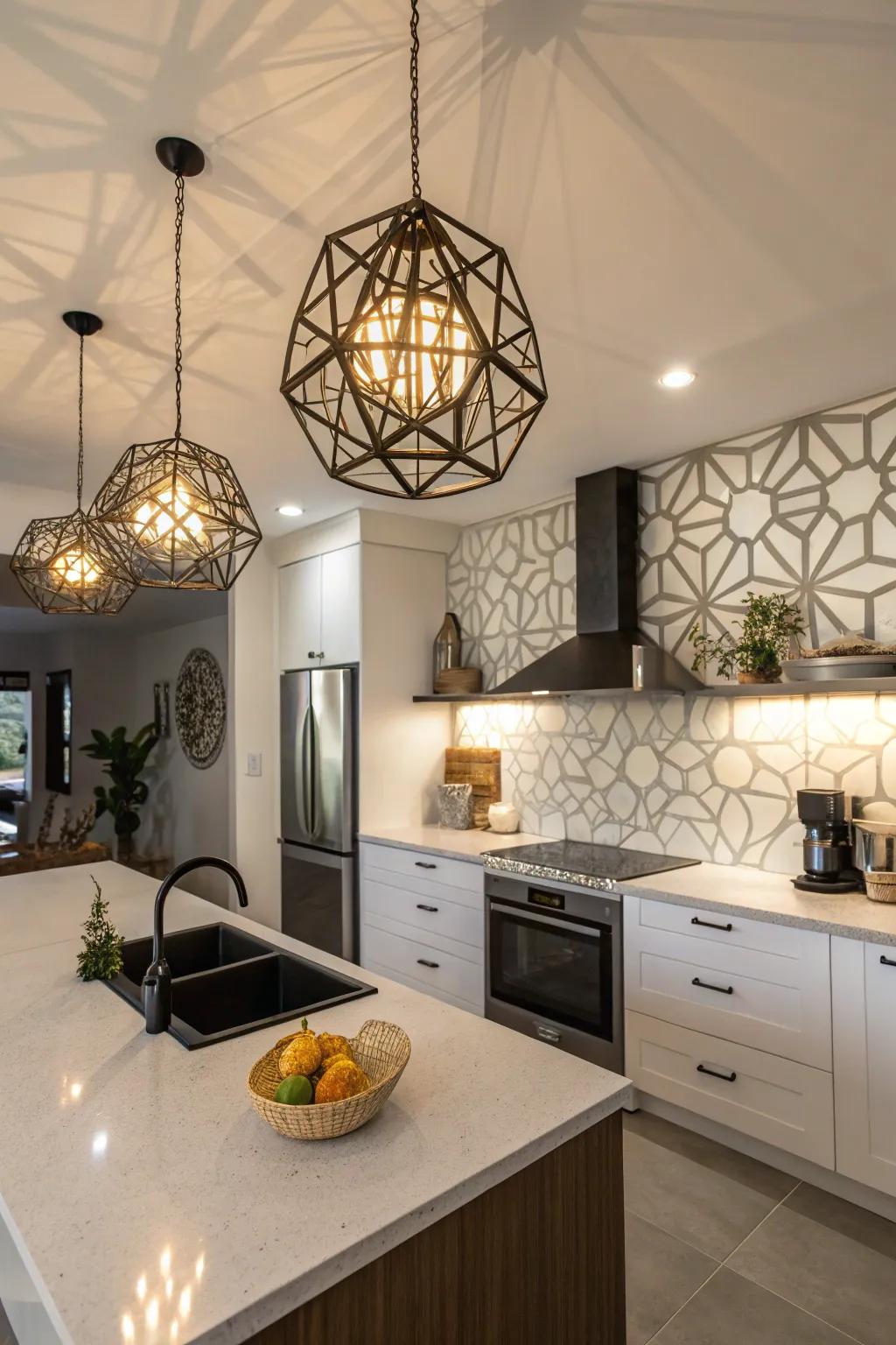 Geometric light fittings function as captivating ceiling adornments within a polished cooking space.