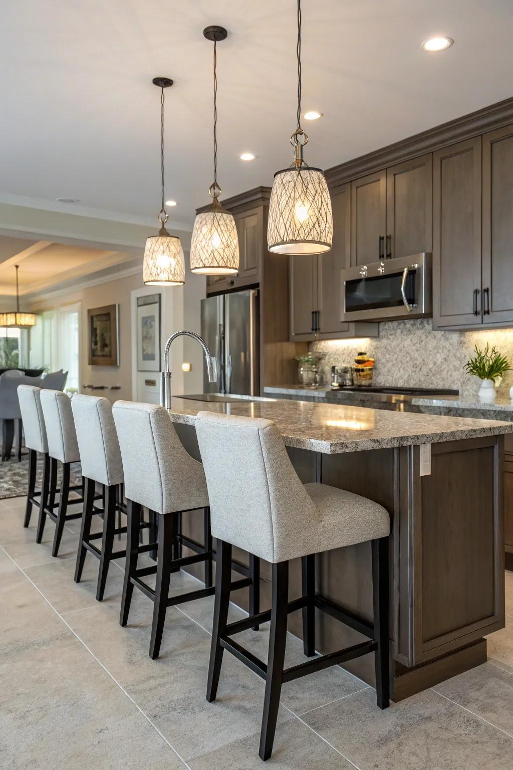 A kitchen island that features bar seating, ideal for informal dining.