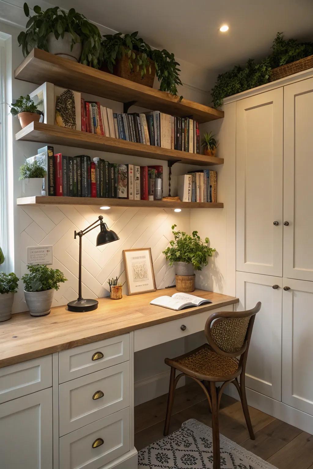 Shelving that is part of the design adds both functionality and charm to your kitchen office area.