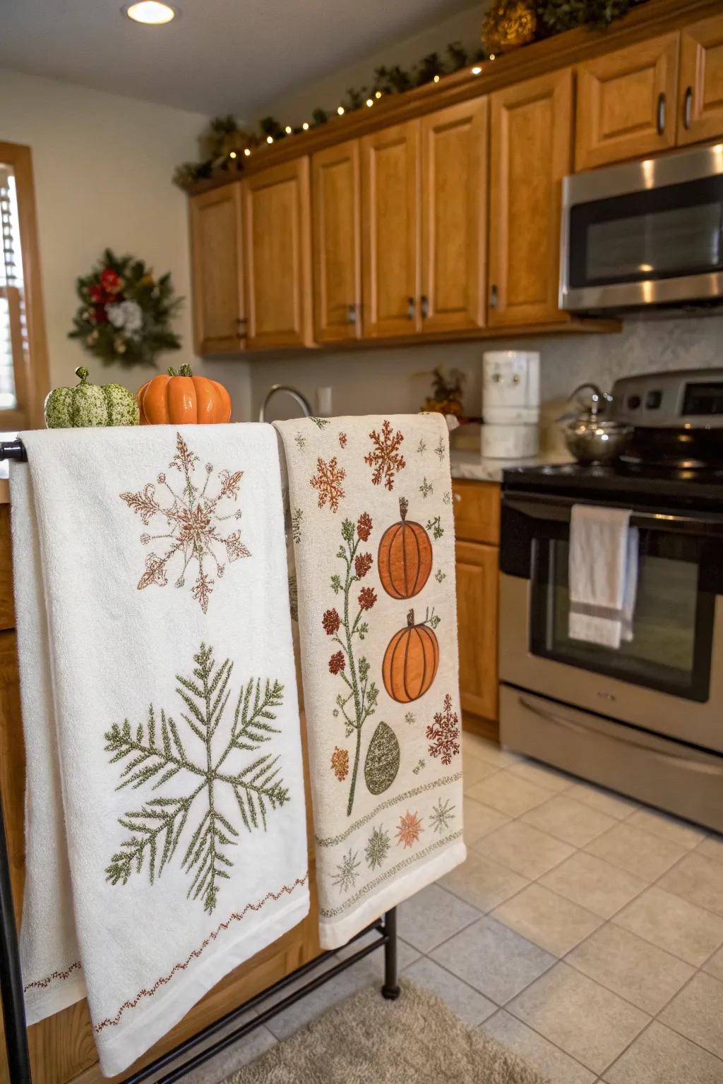 Seasonal cloths bring a festive spirit to your kitchen.