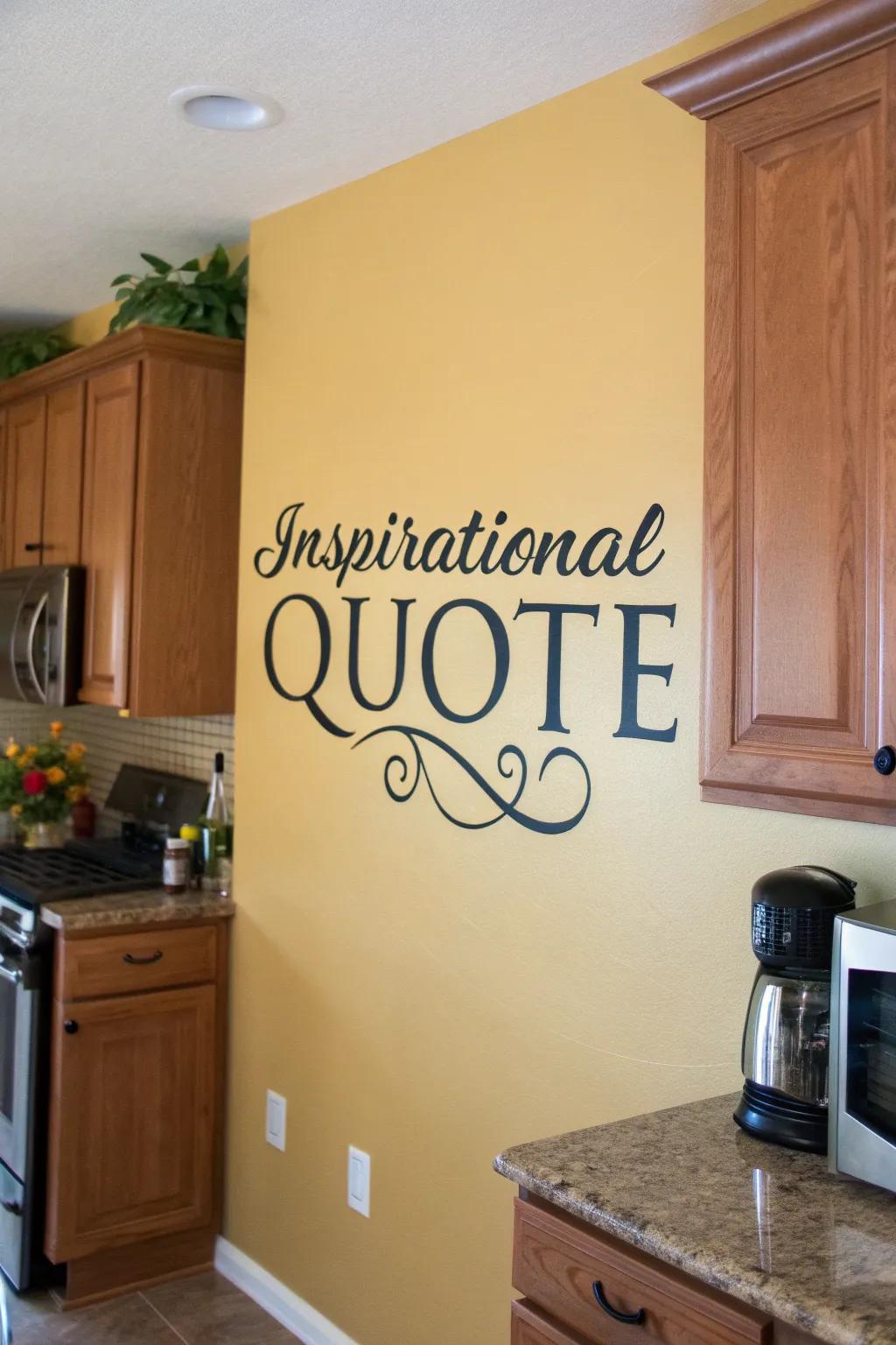 A kitchen wall enhanced with a fashionable saying, adding personality and warmth.