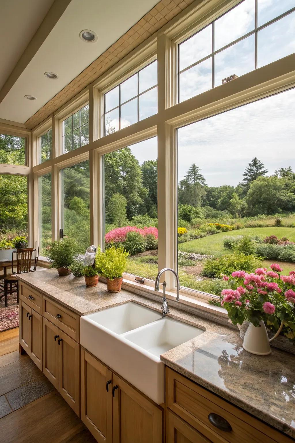 A culinary space showcasing expansive scenery windows that reveal an awe-inspiring garden tableau.