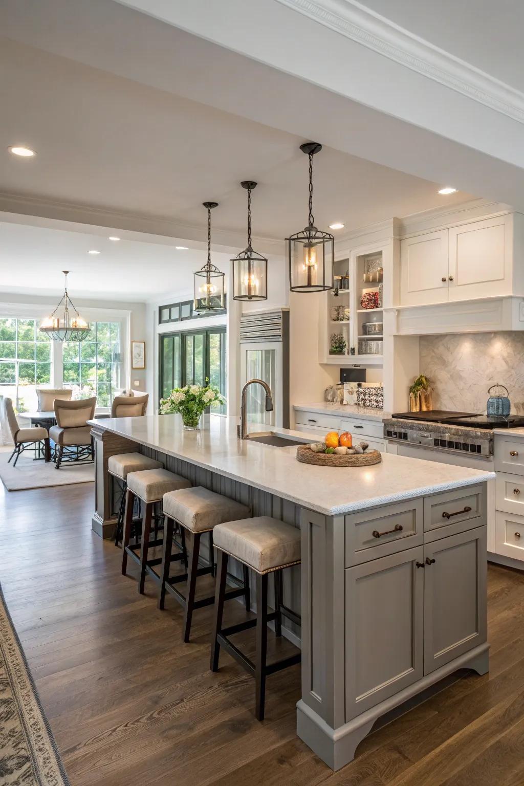 A multipurpose kitchen island adeptly fulfilling various roles.