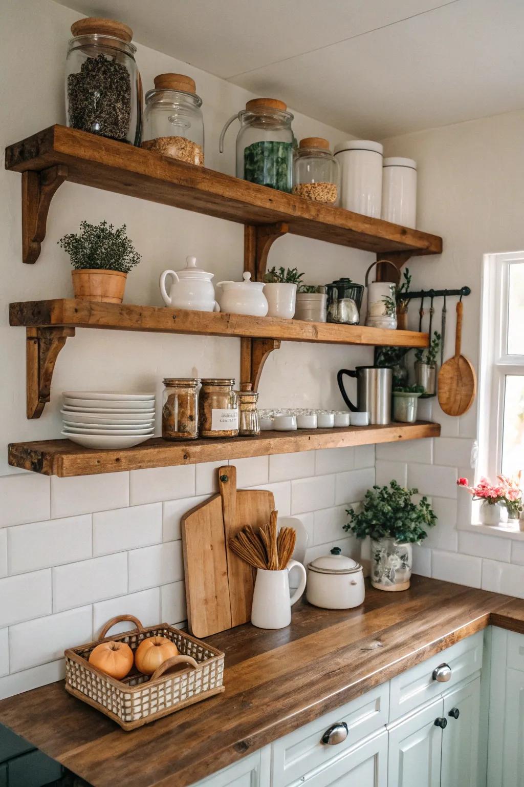 Salvaged lumber shelves infuse warmth and personality into any kitchen.