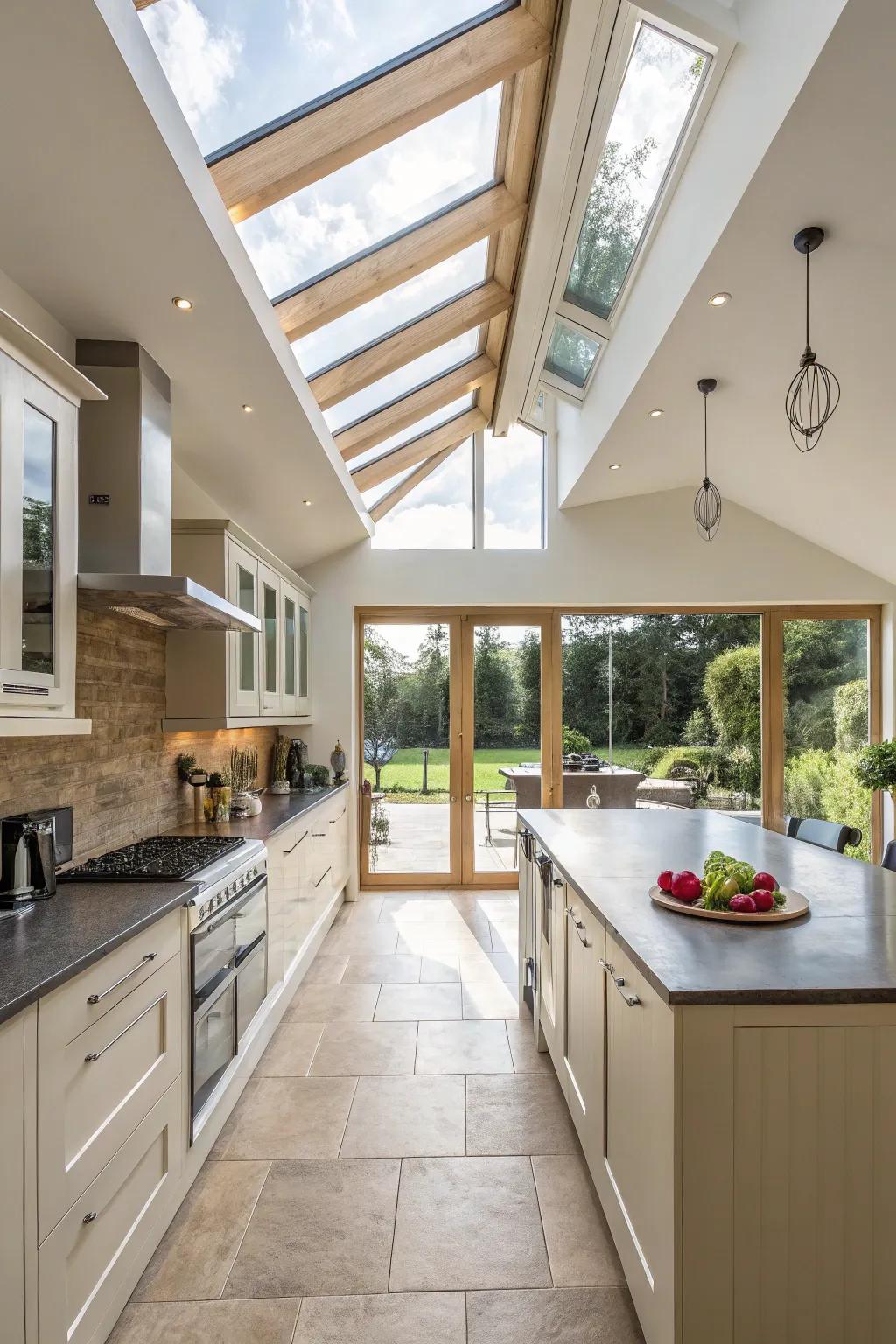 Skylights illuminate this kitchen, highlighting the beauty of its vaulted ceiling and open design.