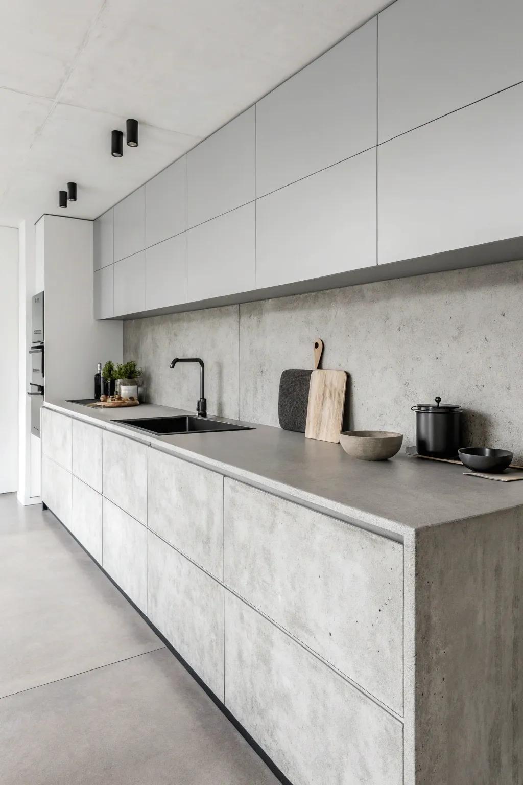 A minimalist kitchen design featuring concrete countertops in a monochrome color scheme.