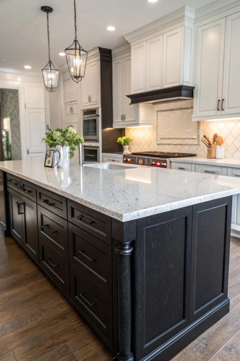 A contrasting island featuring a dark base and luminous quartz top.