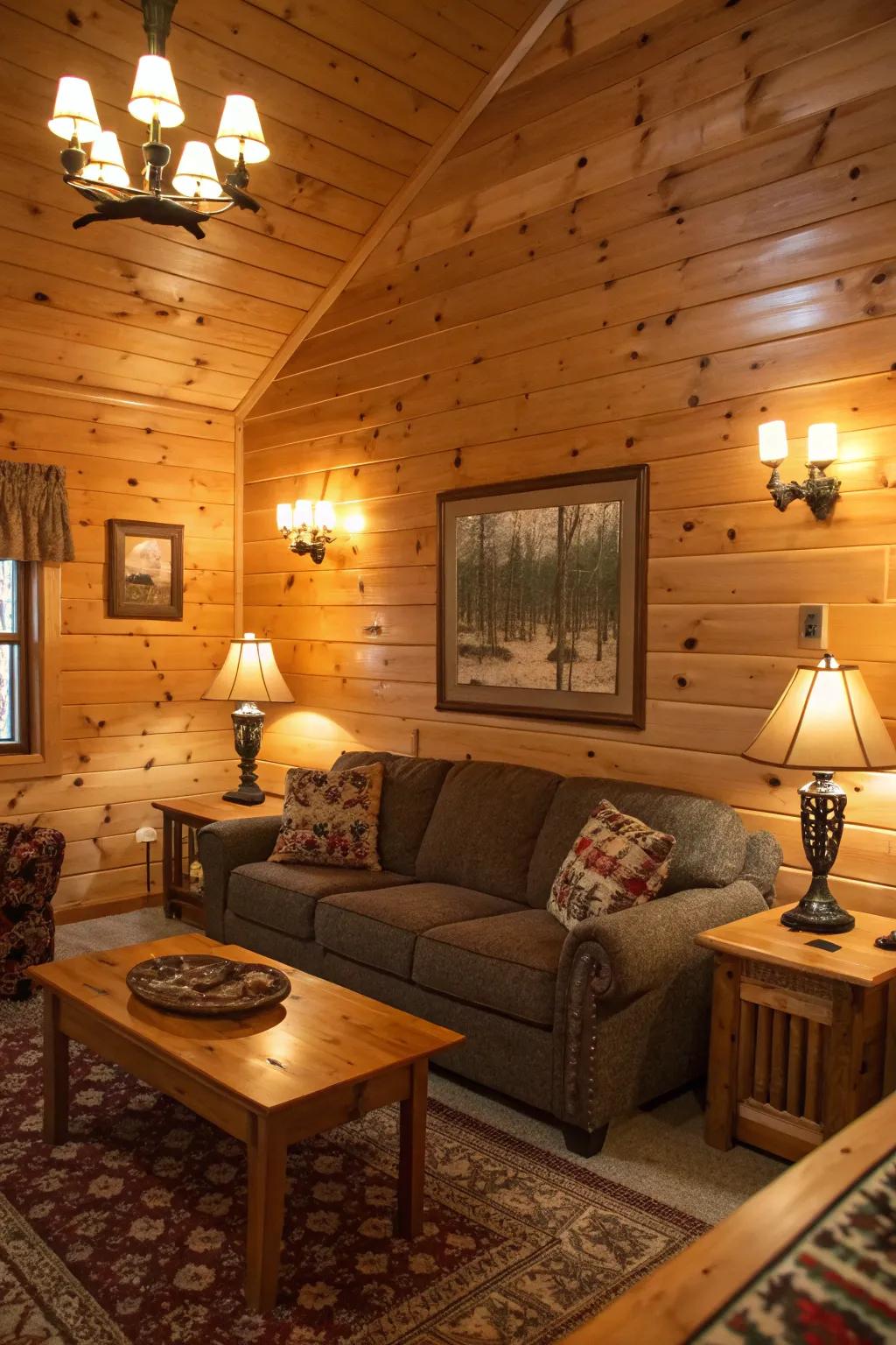 Soft-glowing light fittings projecting a snug radiance onto knotty pine walls.