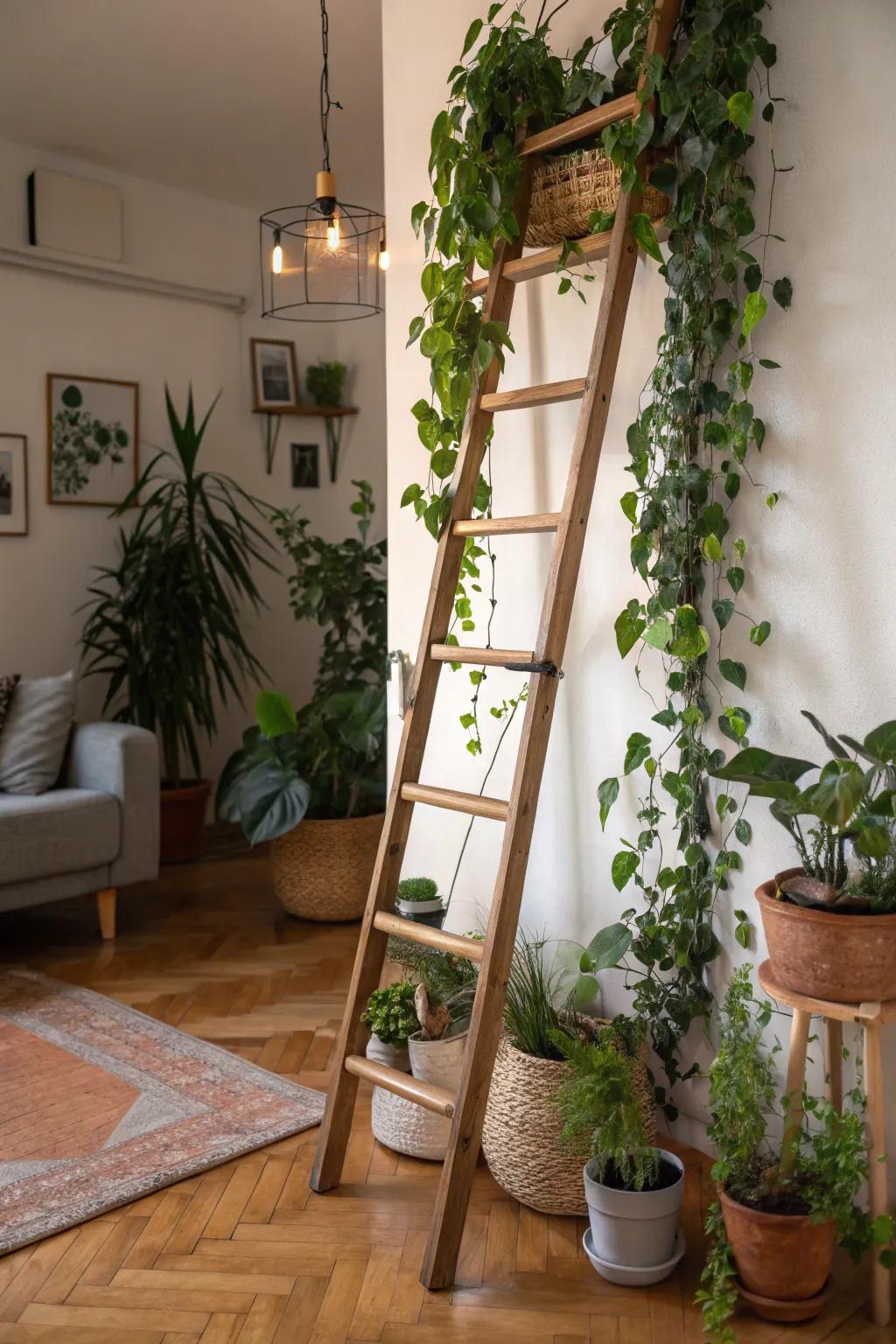 A ladder adorned with greenery creates a refreshing indoor garden.