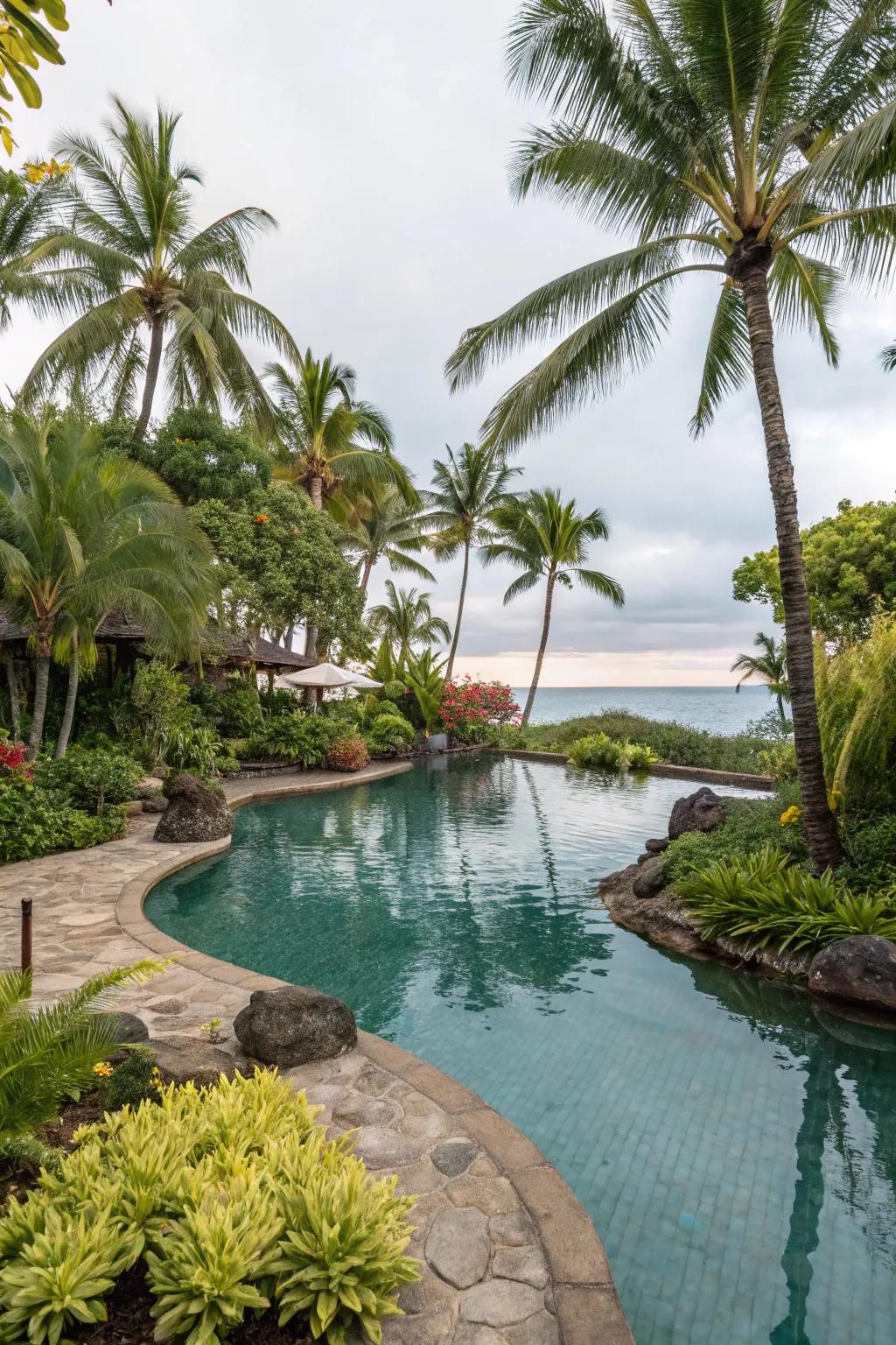 Rich foliage elevates the tropical atmosphere of a lagoon pool.