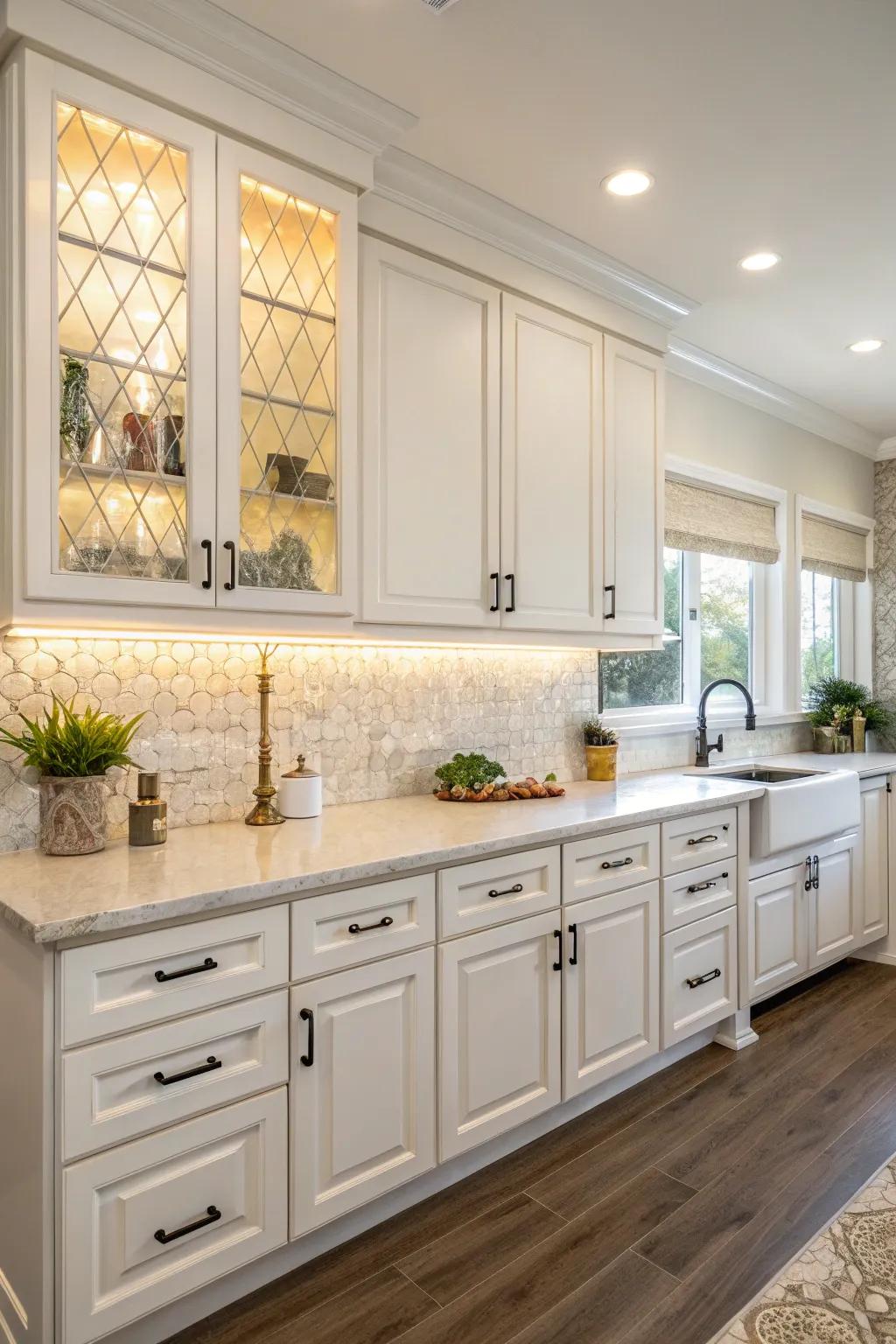 Bright white cabinets paired with a laminate backsplash create a spacious atmosphere.