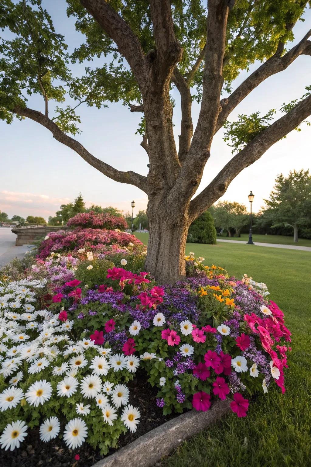 Brighten up your tree with a cheerful flower bed.