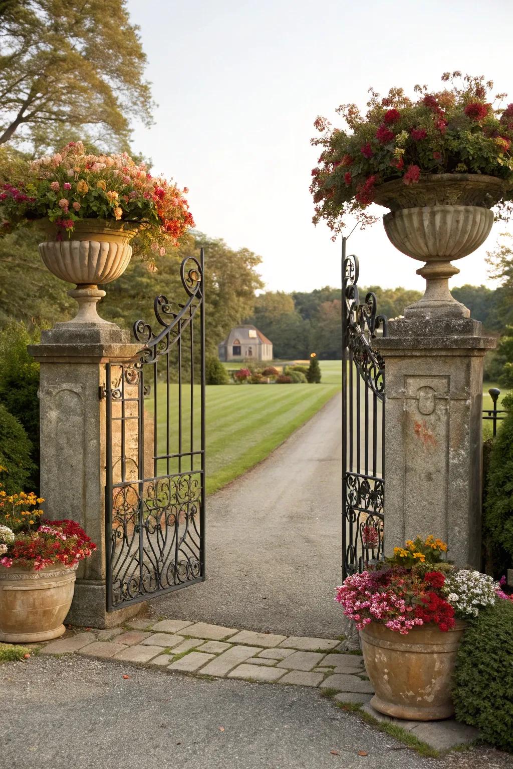 An impressive entrance featuring a decorative gate and flourishing planters.