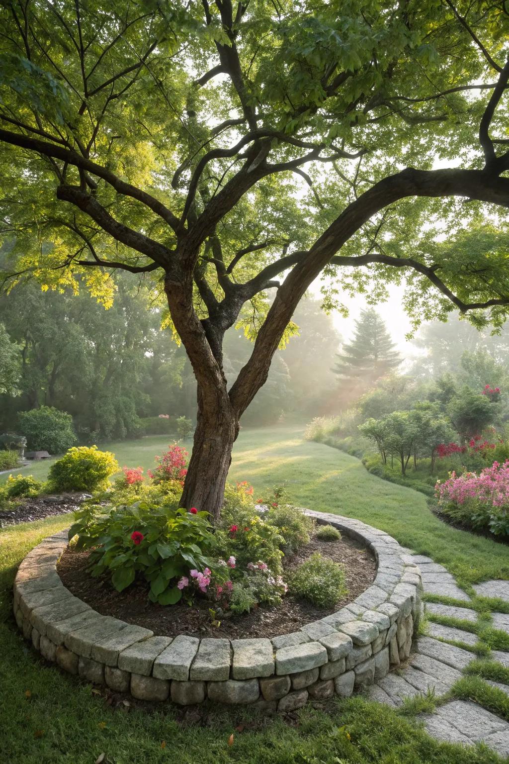 Stone boundaries give an elegant yet distinct touch to the base of trees.