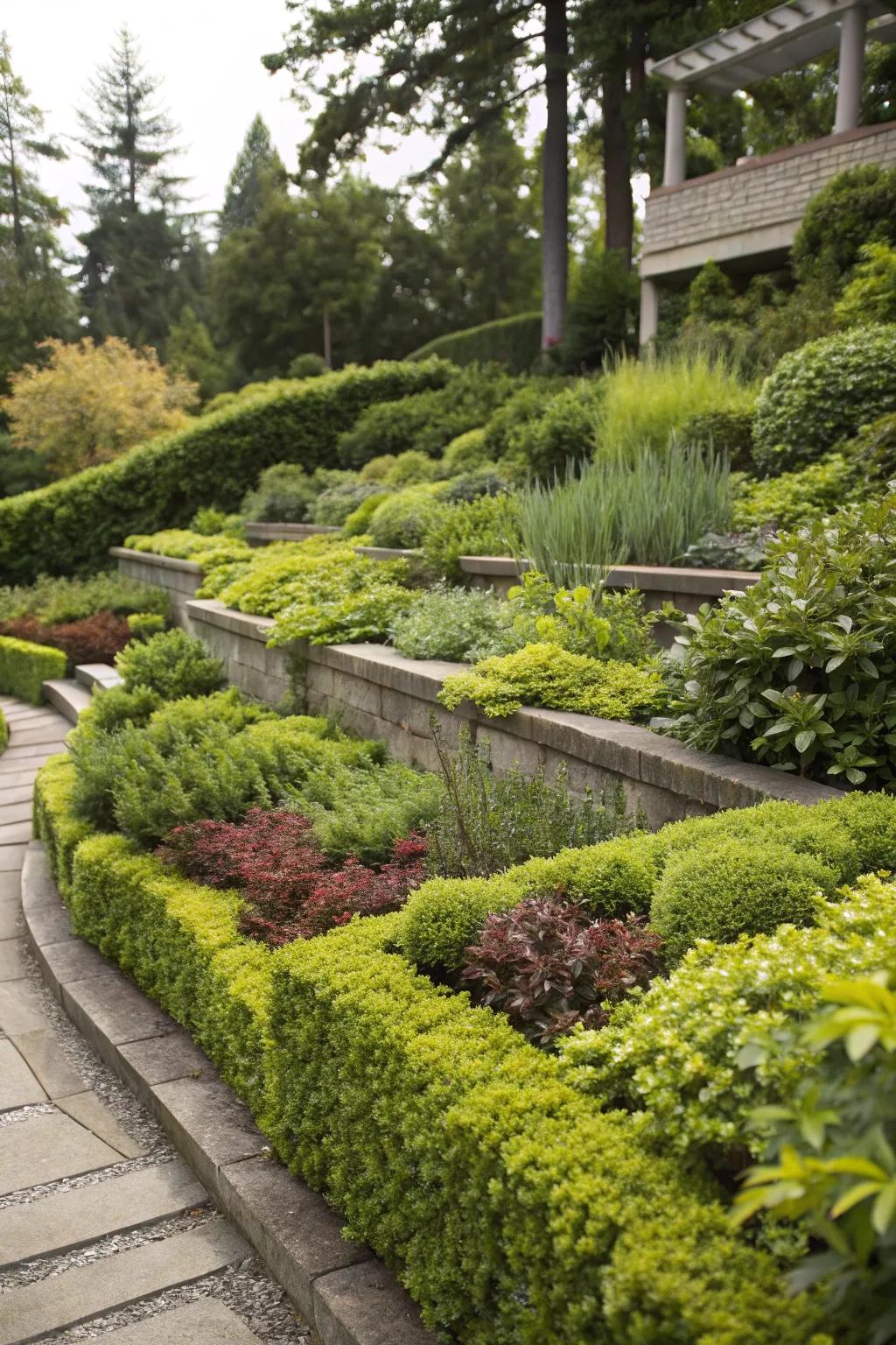 A tiered garden bed displaying different plant heights to enhance dimension.