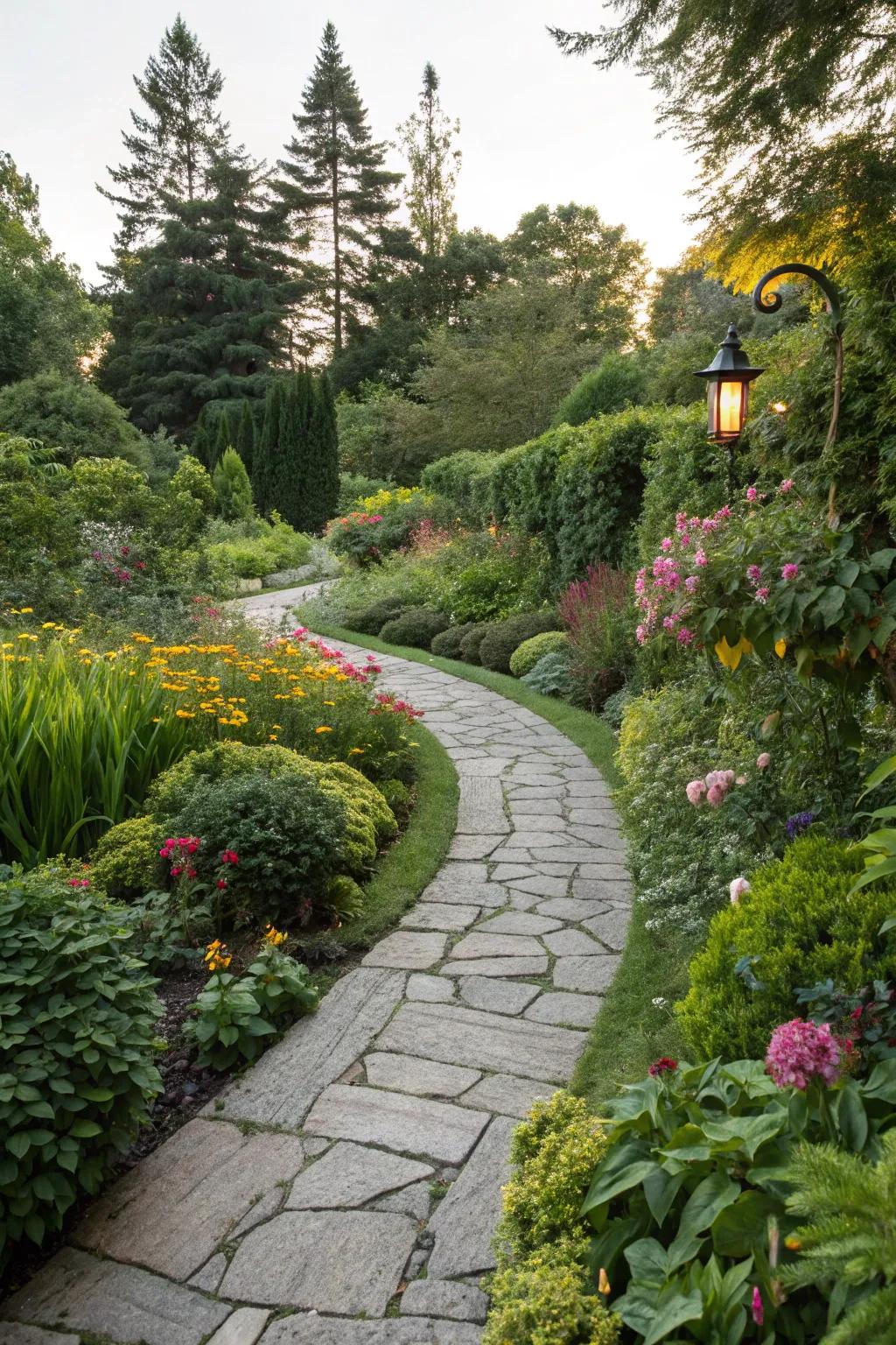 A garden path winding through lush plants, encouraging exploration.
