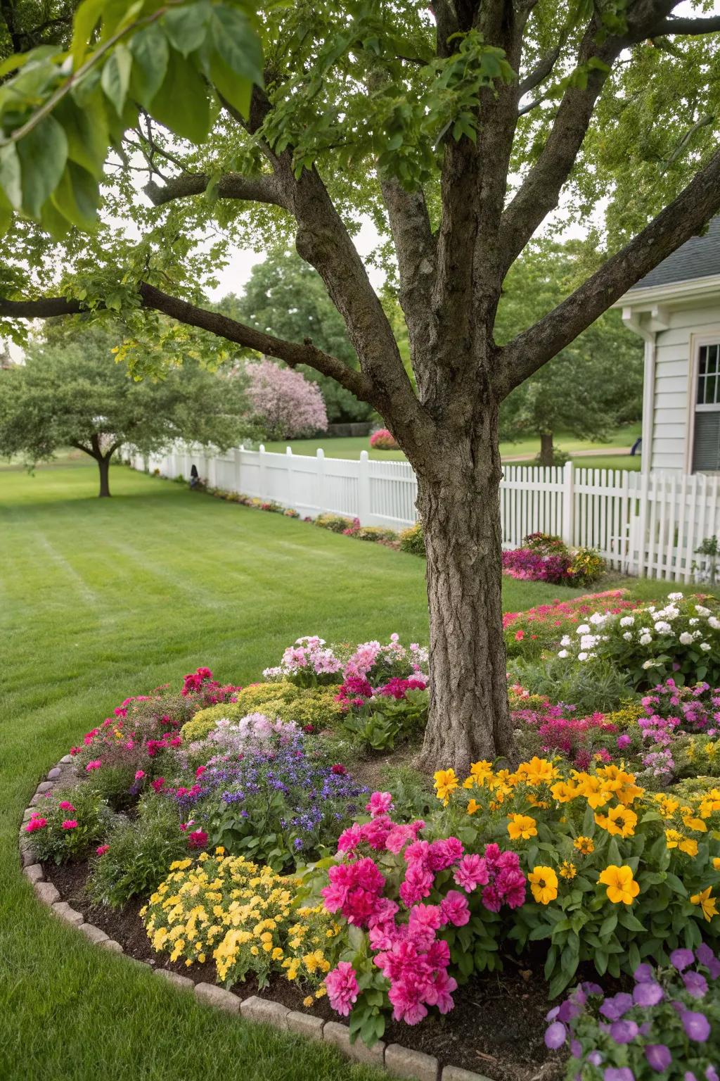 A tree is surrounded by a vibrant flower bed, adding a splash of color to the landscape.