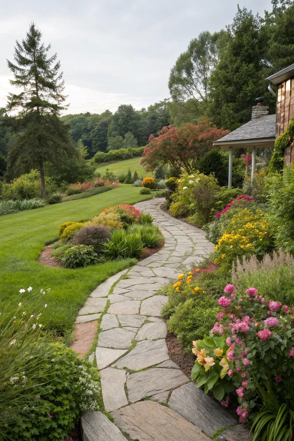 A meandering stone path provides an inviting approach to the front entry.