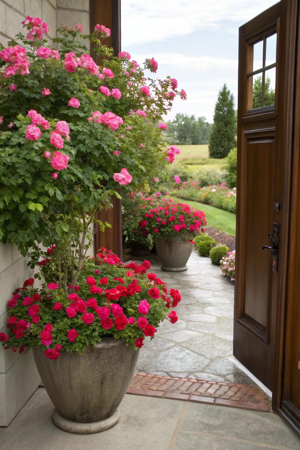 Radiant roses in pots extend a warm welcome.