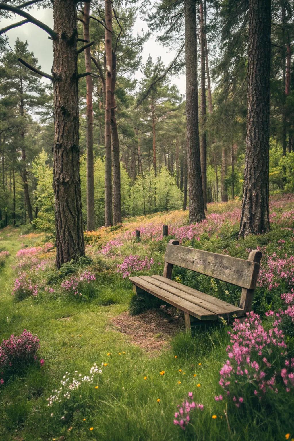 A charming bench in a forest clearing, ideal for relaxation.