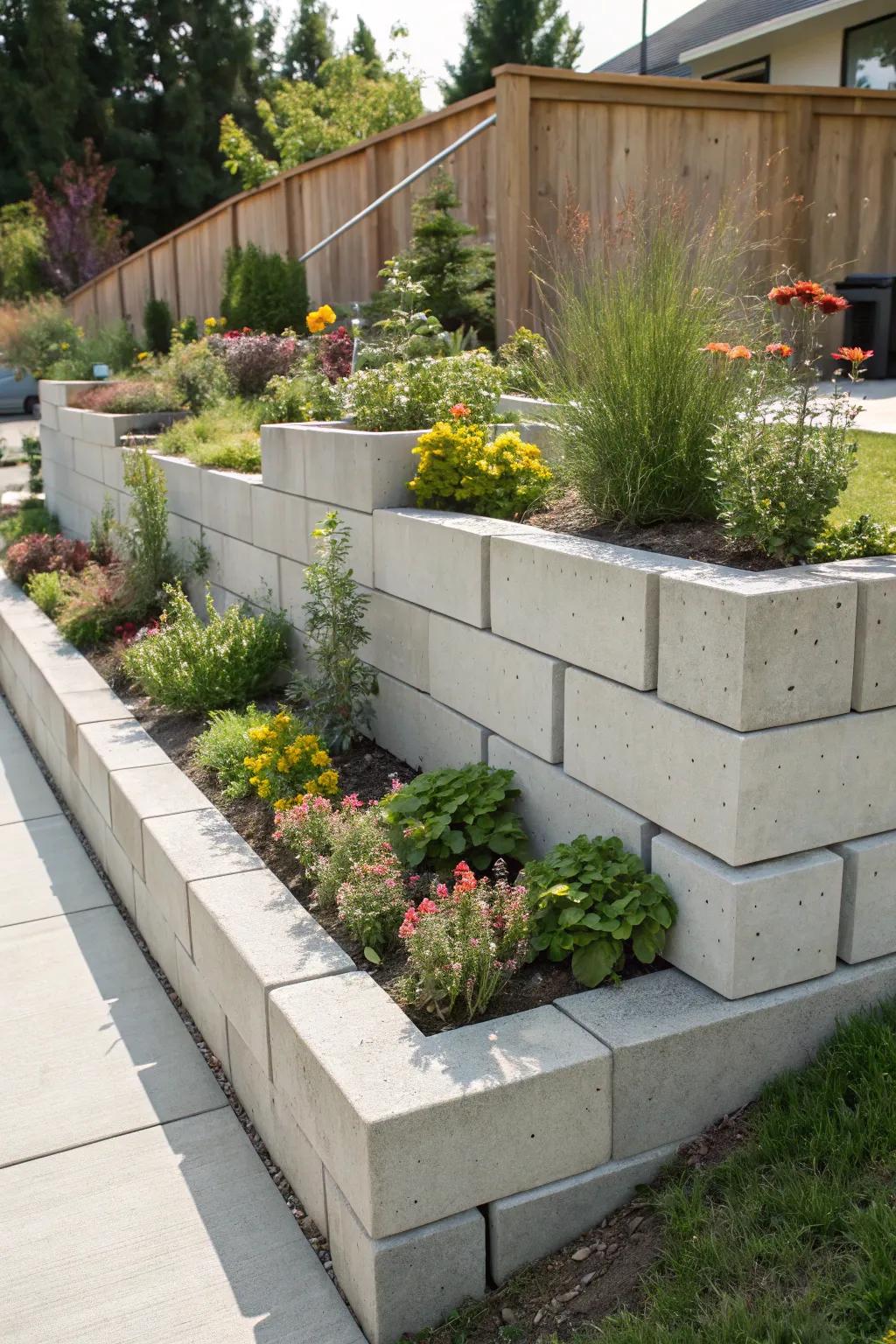 Concrete blocks are a stylish and strong choice for raised garden beds.