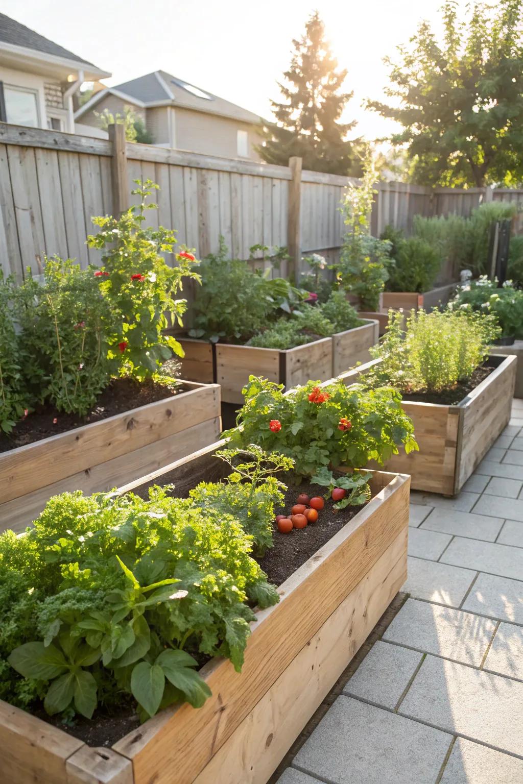 Elevated beds render gardening both functional and visually appealing.