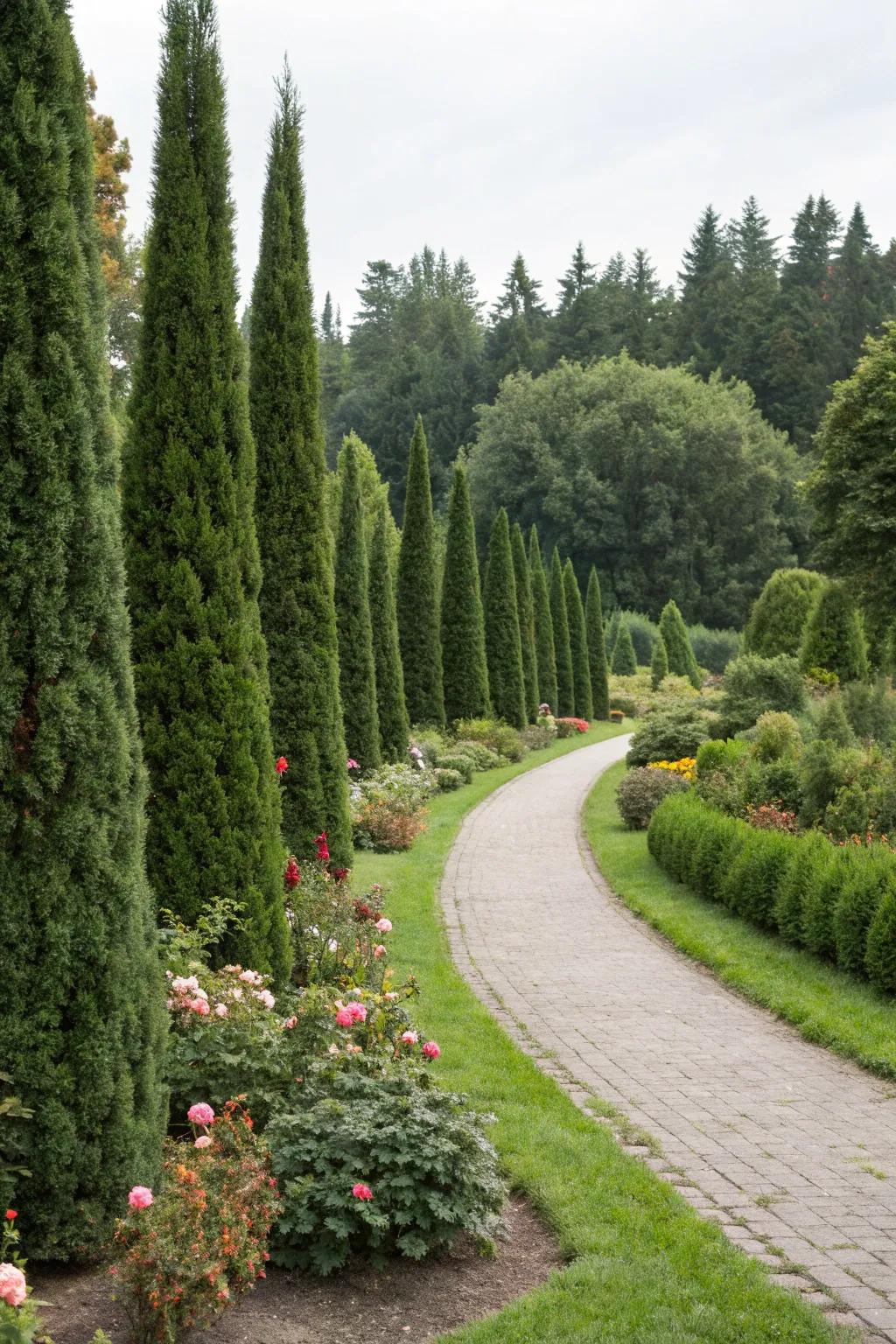 Precisely aligned arborvitae navigate you through the garden.