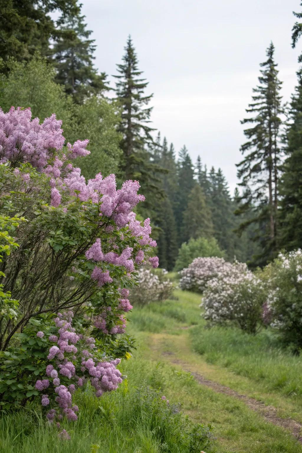 Lilacs and evergreens create a dynamic visual contrast.