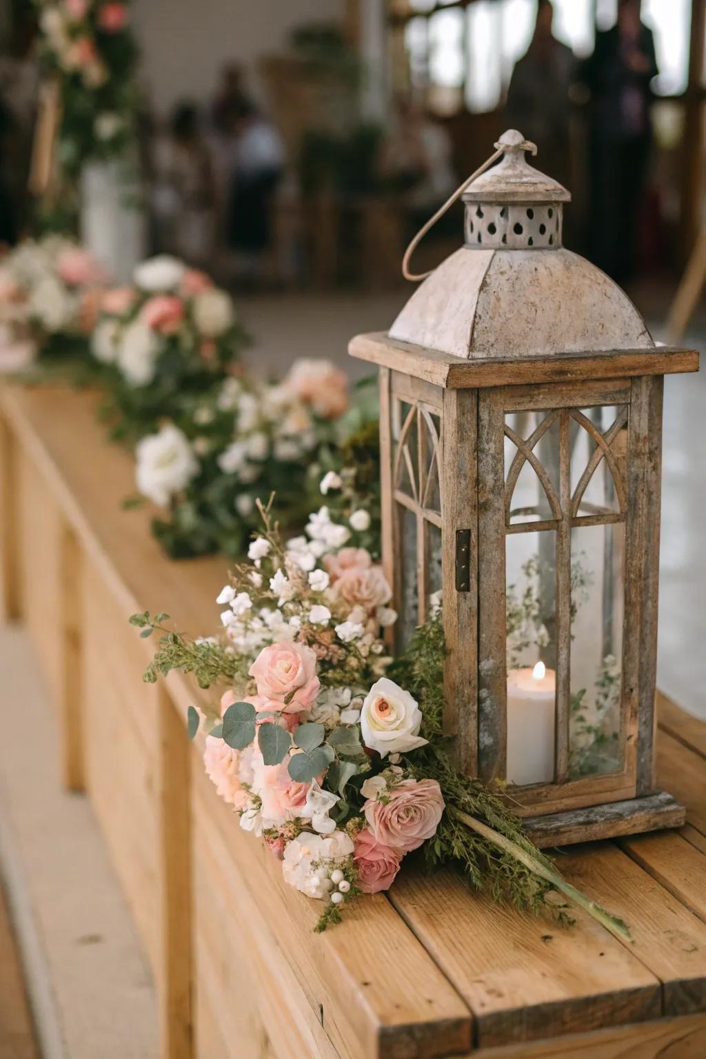 A country-style lantern wonderfully decorated with flowers.