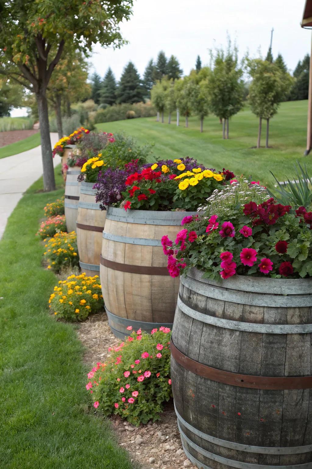Infuse countryside charm with vintage barrel planters.