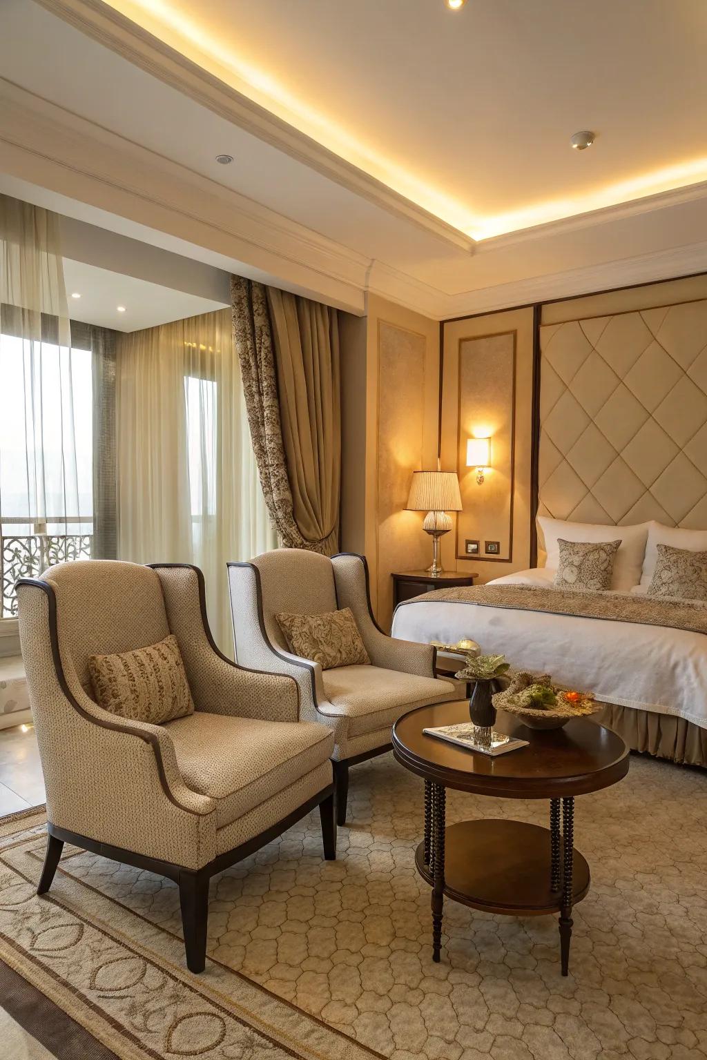 A comfy lounge spot injects warmth and practicality into the bedroom.