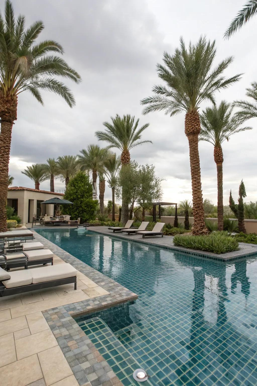 Lavish swimming pool in a Las Vegas backyard, complete with stylish lounge seating.