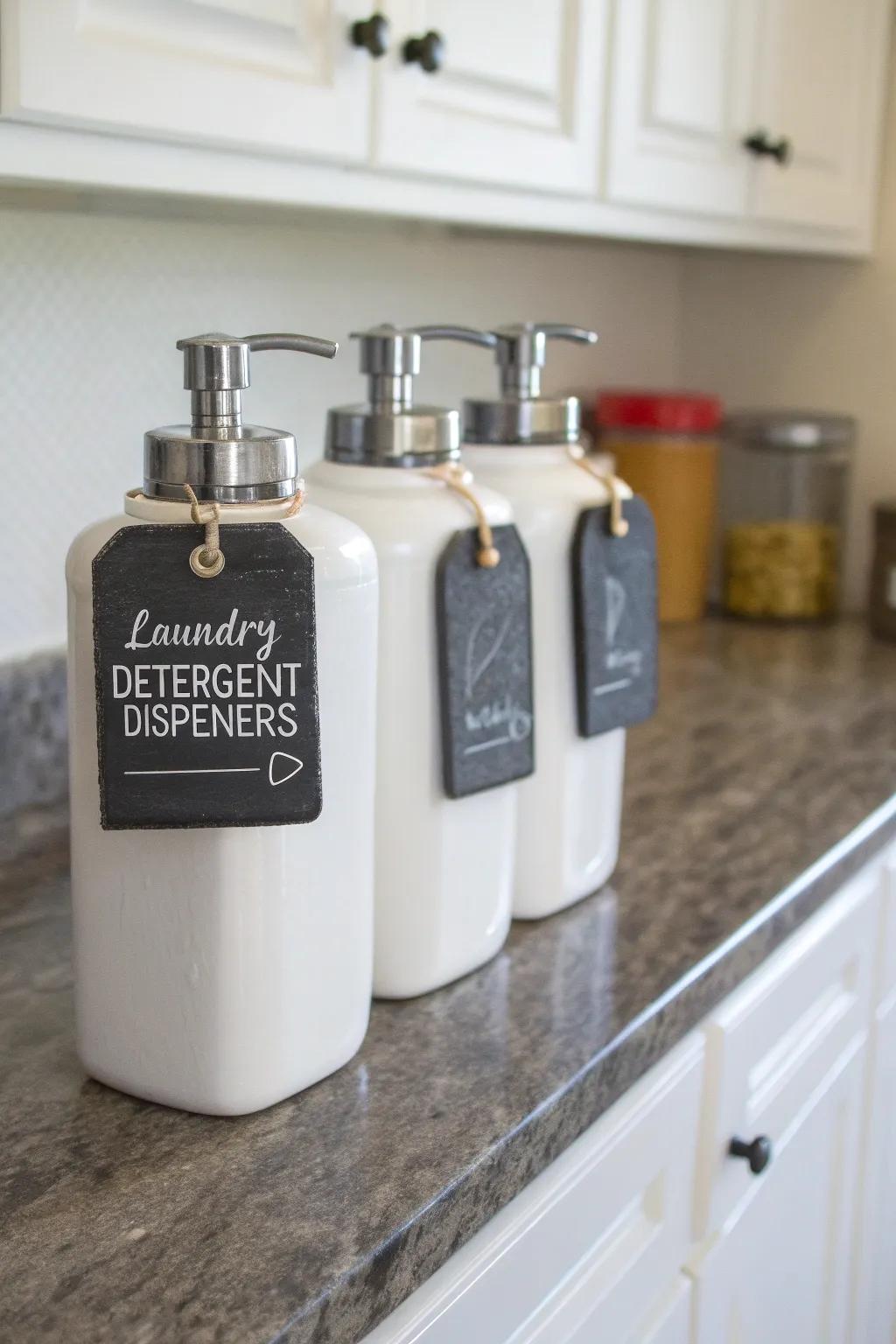 Slate labels provide a personal detail to detergent dispensers.
