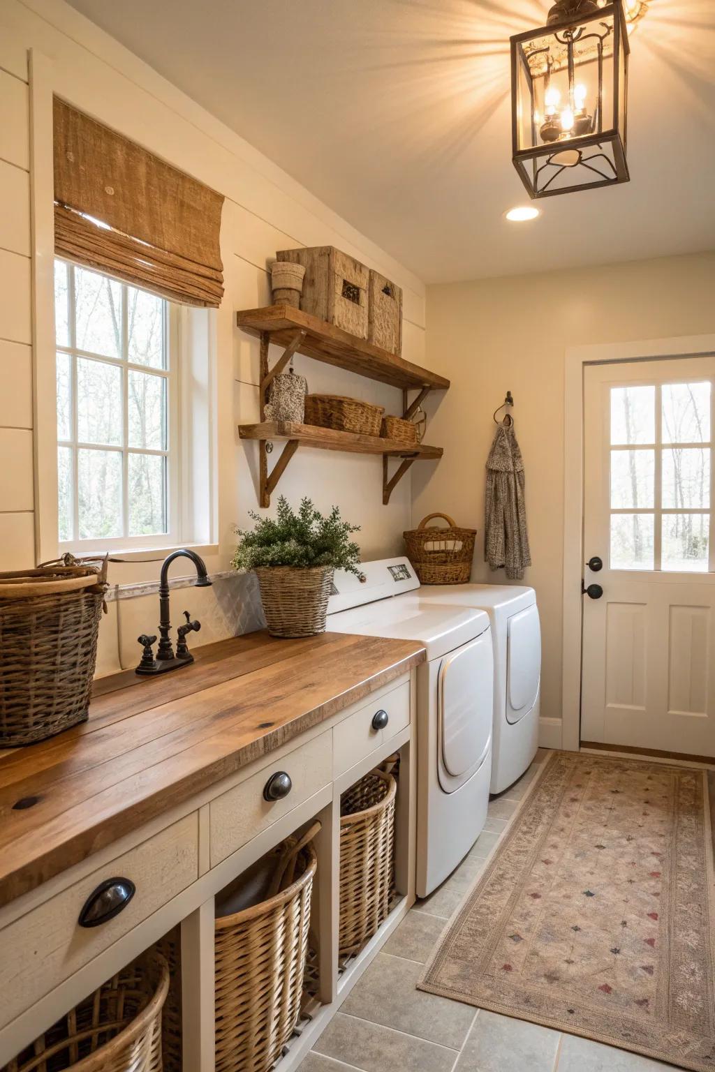 A warm, welcoming laundry room featuring natural wood countertops.