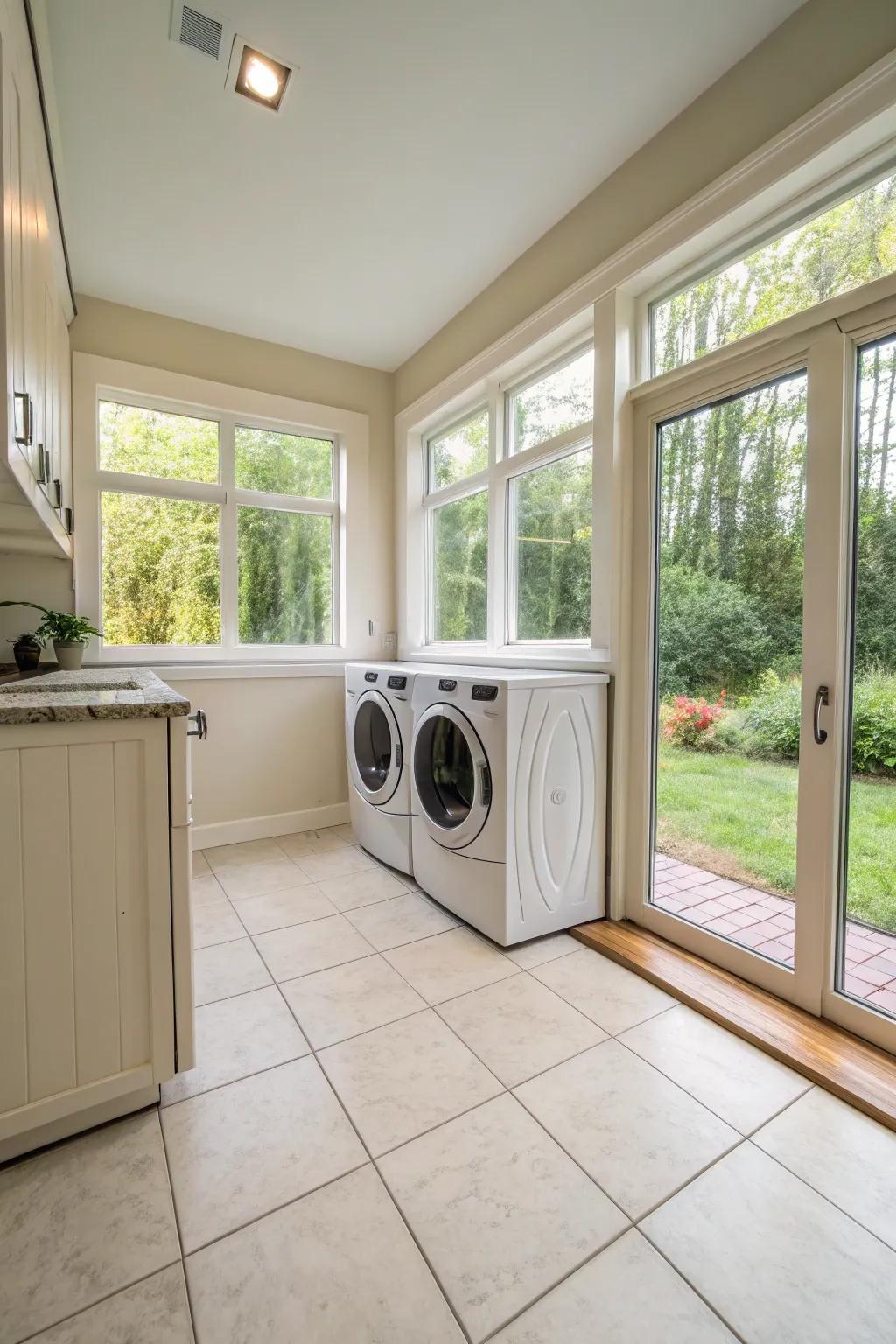 Light-colored tiles amplify natural light in this welcoming laundry room.