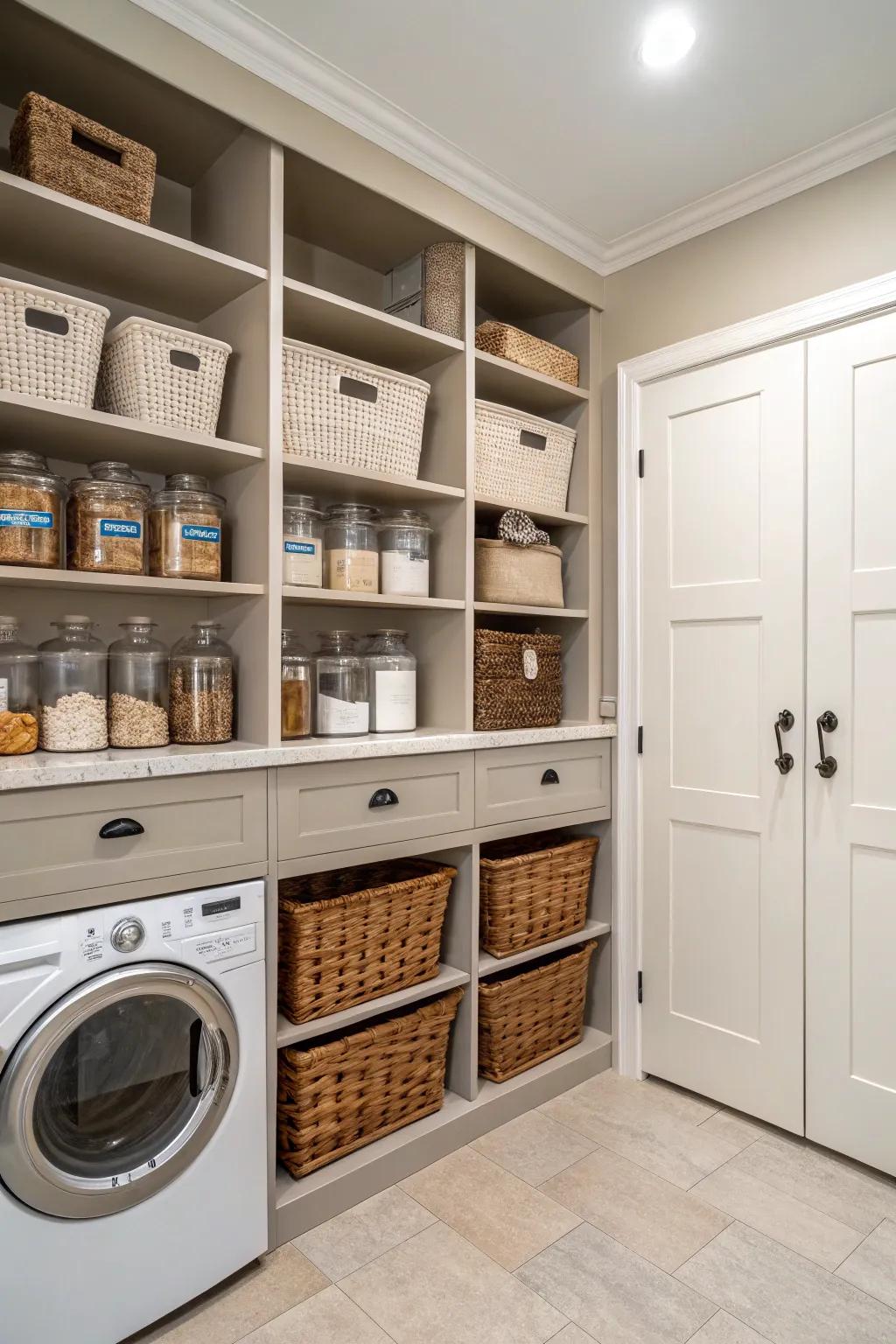 Innovative storage approaches with open shelving and fashionable baskets.