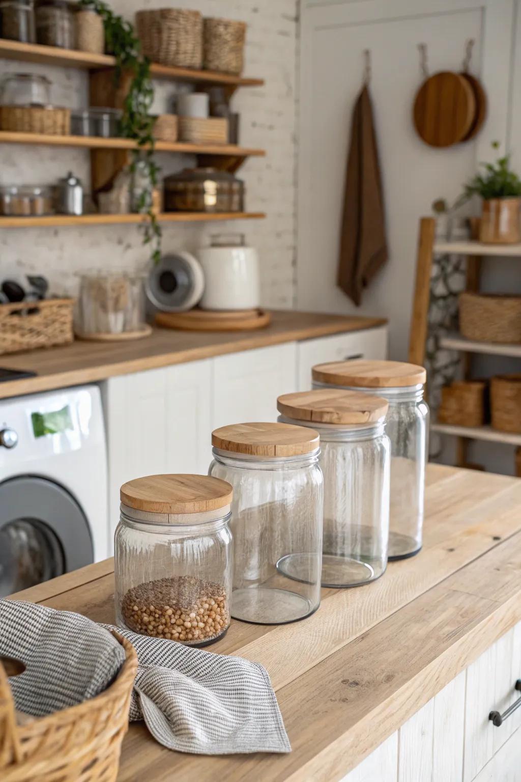 Wood tops give glass containers a natural, rustic appeal.
