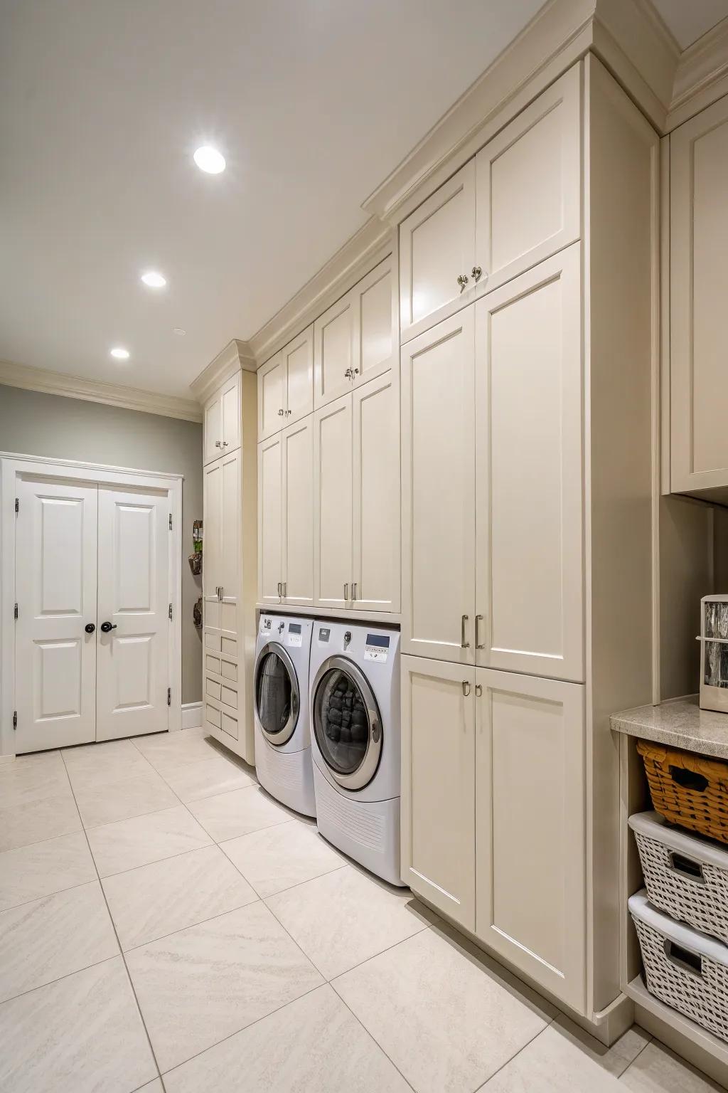 Tall cabinets make the most of vertical space in this chic laundry room.